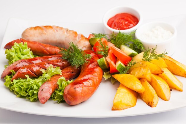 Bella foto menu del primo piano di insalata di salsiccia di patate su un piatto su sfondo bianco