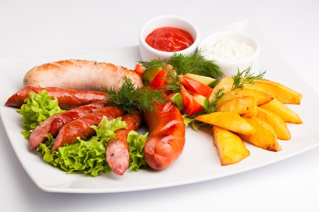 Bella foto menu del primo piano di insalata di salsiccia di patate su un piatto su sfondo bianco