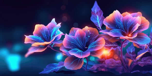 Bella foto notturna a luce al neon astratta con disegno floreale sullo sfondo banner bellissimo Generative AI AIG32