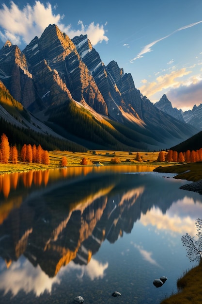 Bella fotografia di paesaggio sfondo carta da parati cime lago canyon cielo nuvole bianche