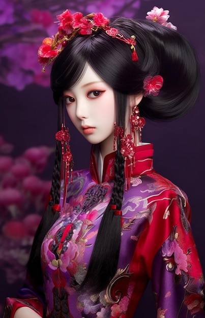 Bella geisha in kimono tradizionale con fiori di ciliegio