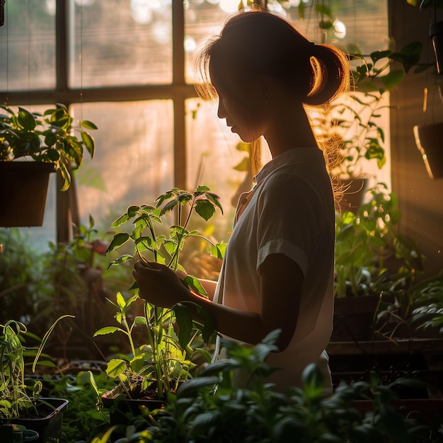 Bella giardiniera asiatica che trapianta piante d'appartamento a casa