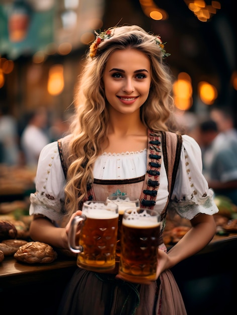 Bella giovane cameriera sorridente e con i bicchieri di birra al festival della birra Oktoberfest