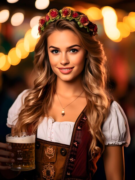 Bella giovane cameriera sorridente e con i bicchieri di birra al festival della birra Oktoberfest