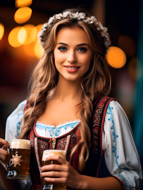 Bella giovane cameriera sorridente e con i bicchieri di birra al festival della birra Oktoberfest