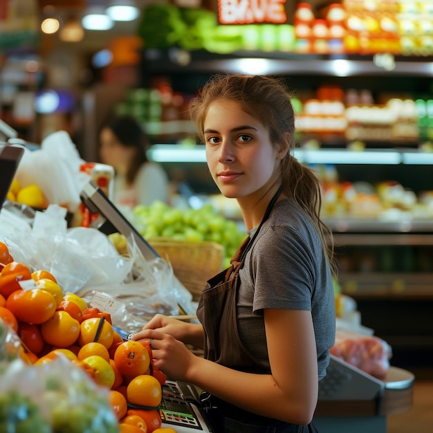 Bella giovane cassiera che lavora in un negozio di alimentari