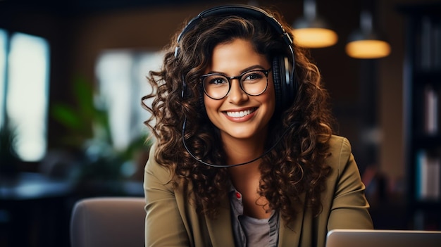 Bella giovane conduttrice radiofonica felice che trasmette in studio usando computer e cuffie
