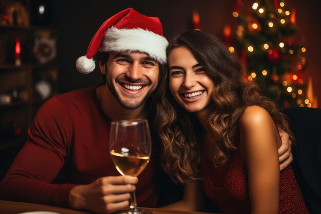 Bella giovane coppia che celebra il Natale a casa bevendo vino e guardando la fotocamera