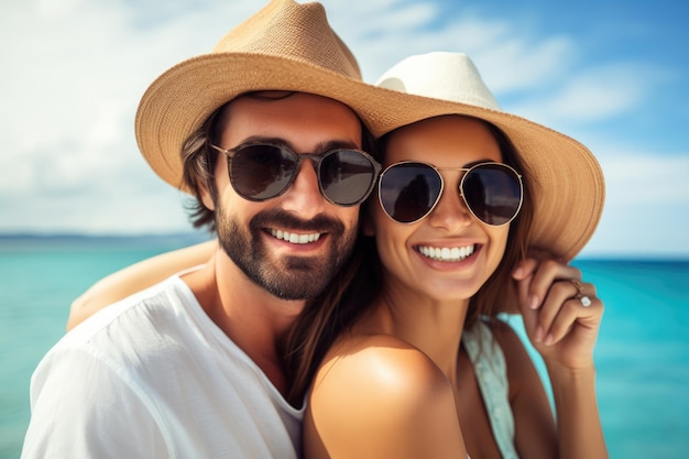 Bella giovane coppia con occhiali da sole e cappelli sulla spiaggia che guarda la telecamera caucasica coppia perfetta sorridente in vacanza concetto di viaggio di lusso generato da IA