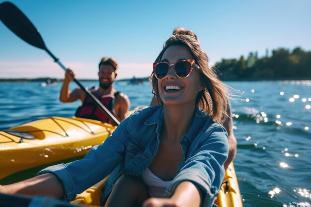 Bella giovane coppia in kayak sul lago insieme e sorridente