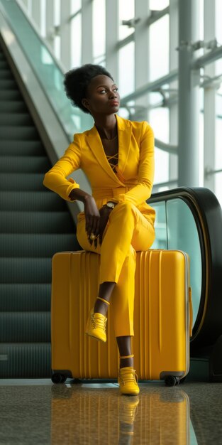 Bella giovane donna africana in elegante abito giallo seduta su una valigia all'aeroporto vicino alle scale mobili