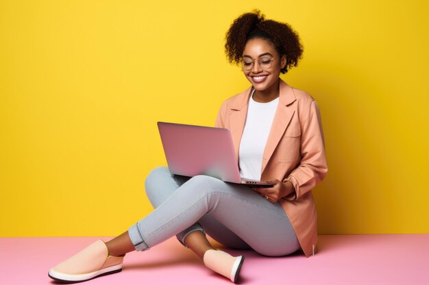 Bella giovane donna africana sorridente in abiti casuali e occhiali alla moda seduta sul pavimento isolata su uno sfondo colorato brillante e che lavora sul suo portatile