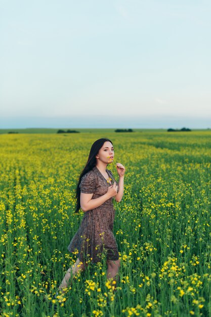 Bella giovane donna al tramonto nel campo