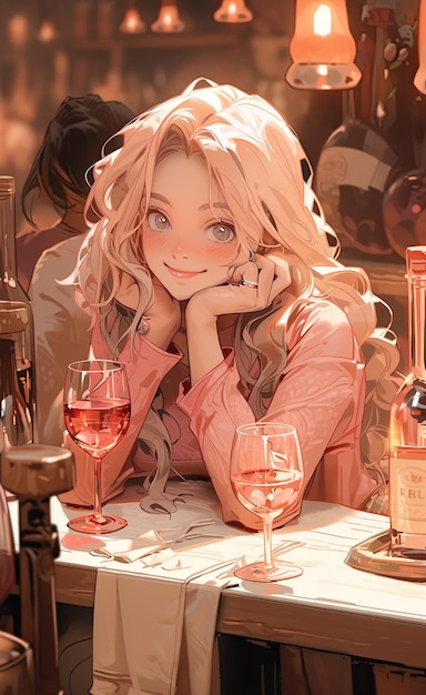 Bella giovane donna anime che beve vino in un ristorante Illustrazione digitale