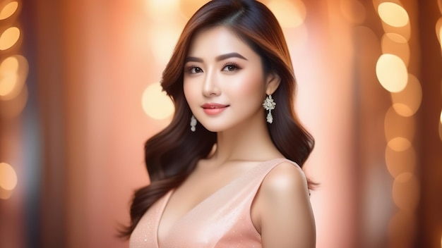 Bella giovane donna asiatica capelli lunghi rosa pesca vestito splendente sfondo dorato banner copia spazio spazio libero per il testo festeggiare il compleanno