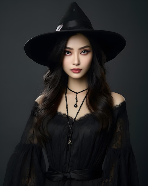 Bella giovane donna asiatica che indossa l'attrezzatura di Halloween per la celebrazione di Halloween