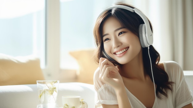 bella giovane donna asiatica che si diverte a bere caffè e ad ascoltare musica con le cuffie a casa