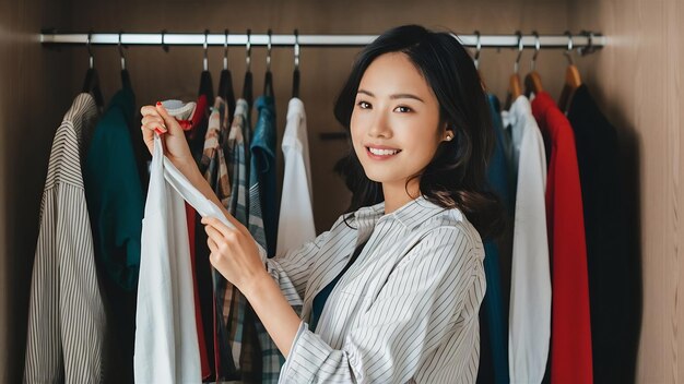 Bella giovane donna attraente asiatica che sceglie i suoi abiti di moda nell'armadio a casa