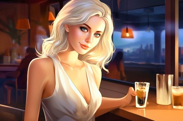 Bella giovane donna bionda seduta in un bar con un bicchiere di whiskey in un lussuoso interno sfondo sfocato Una donna si sta rilassando in un bar with a glass