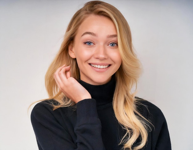 bella giovane donna bionda sorridente in pullover nero che ride guardando la telecamera sullo sfondo bianco