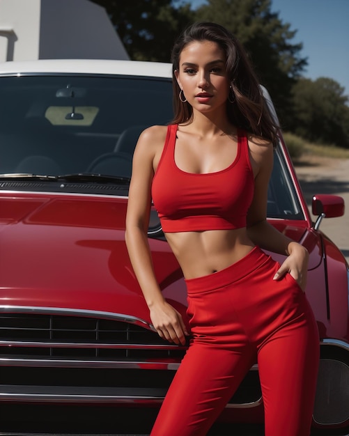 Bella giovane donna bruna con una maglietta sportiva rossa e leggings che posa in modo generativo