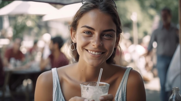 Bella giovane donna carina che guarda la telecamera mentre si diverte in un bar in terrazza AI generativa