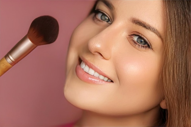 Bella giovane donna che applica prodotto cosmetico in polvere con trucco pennello di bambù bellezza trucco e cosmetici per la cura della pelle modello viso ritratto su sfondo rosa