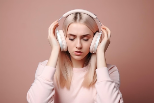Bella giovane donna che ascolta la musica con le cuffie sul colore di sfondo del primo piano IA generativa