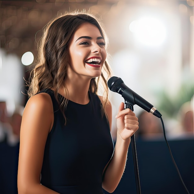 Bella giovane donna che canta con il microfono Artista cantante Generativa illustrazione AI