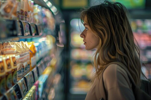 Bella giovane donna che compra prodotti da diario in un supermercato di alimentari immagine colorata