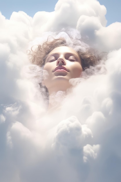 Bella giovane donna che dorme come un angelo su nuvole bianche in cielo ai generato
