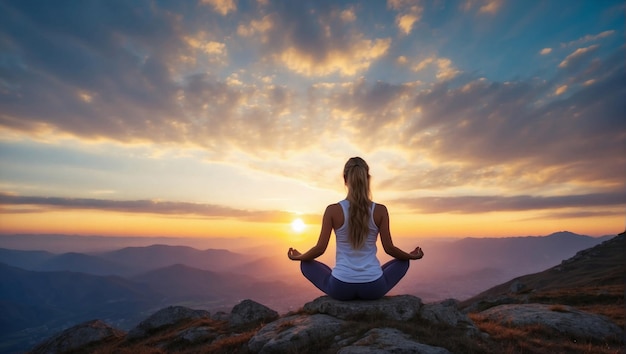 Bella giovane donna che fa yoga in cima alle montagne durante il tramonto vista da dietro