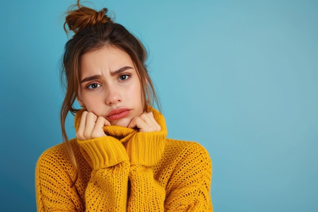 bella giovane donna che indossa un maglione giallo sullo sfondo blu dello studio con mal di denti