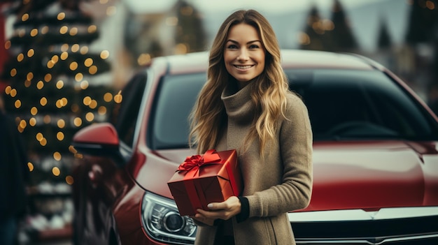 Bella giovane donna che indossa un maglione lavorato a maglia in piedi vicino a un'auto con un albero di Natale in cima sotto la nevicata Buone vacanze invernali Foto di alta qualità