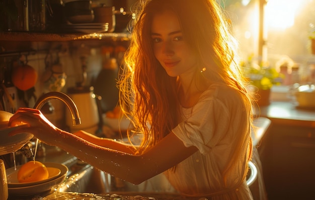 Bella giovane donna che lava i piatti in cucina
