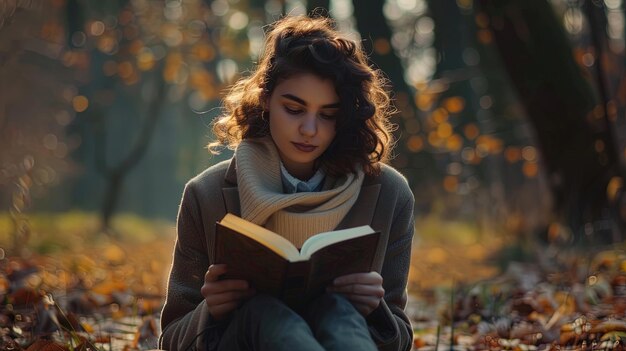 Bella giovane donna che legge un libro nel parco in autunno