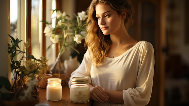 bella giovane donna che posa in cucina a casa