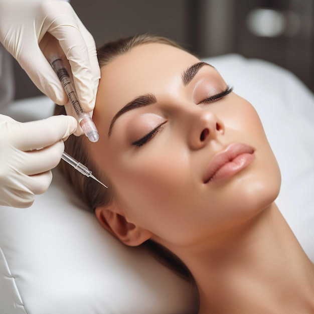 Bella giovane donna che riceve un'iniezione di Botox in faccia Cosmetologia e concetto di bellezza