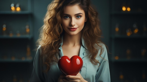 bella giovane donna che tiene una scatola a forma di cuore con cuore rosso