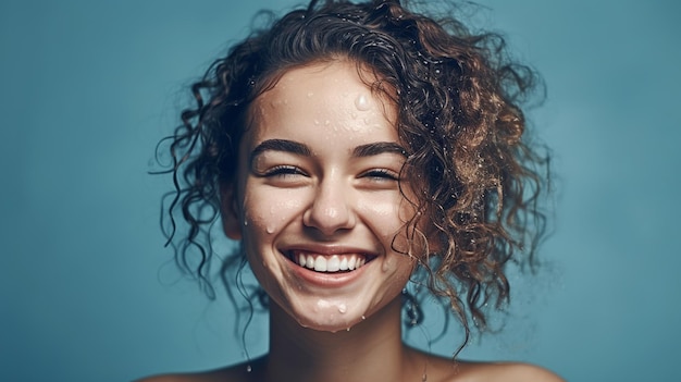 Bella giovane donna con capelli bagnati e pelle bagnata che sorride e che guarda l'obbiettivo