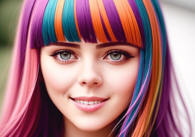 Bella giovane donna con capelli colorati Ritratto di una ragazza con capelli multicolori AI generativa