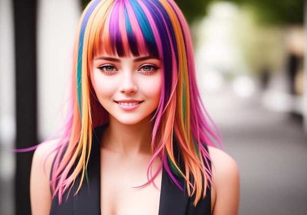 Bella giovane donna con capelli colorati Ritratto di una ragazza con capelli multicolori AI generativa