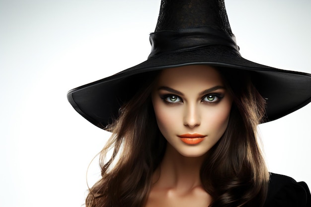 Bella giovane donna con cappello nero trucco e cosmetici