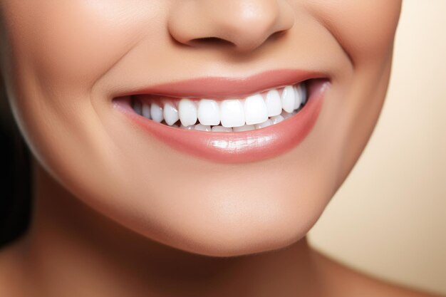 Bella giovane donna con denti sani su sfondo nero Closeup Closeup di un sorriso di una donna con bei denti bianchi Generato dall'IA