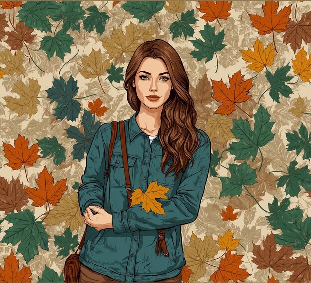 Bella giovane donna con foglie d'autunno in mano illustrazione vettoriale