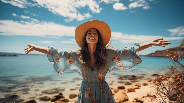 bella giovane donna con gli occhiali da sole che si gode una vacanza gratuita sulla spiaggia