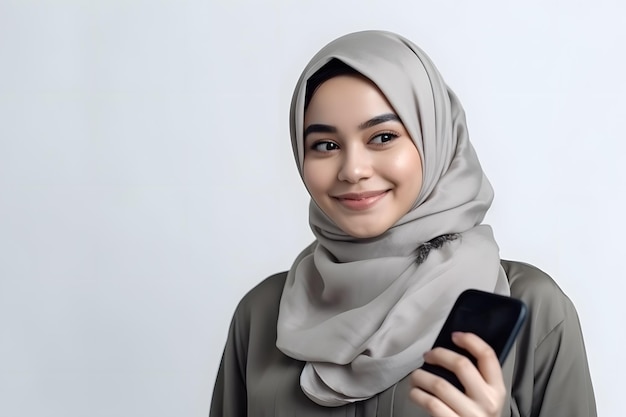 Bella giovane donna con hijab in piedi con il sorriso e con il suo telefono sullo sfondo bianco Utente di smartphone imprenditrice Generative Ai