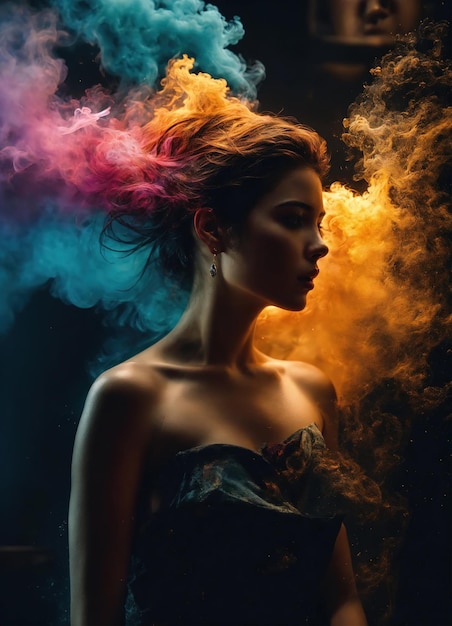 Bella giovane donna con i capelli colorati in fumo colorato ai generativo