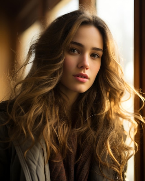bella giovane donna con i capelli lunghi e ondulati davanti a una finestra