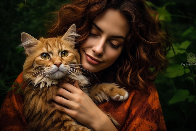 Bella giovane donna con i capelli lunghi e un gatto